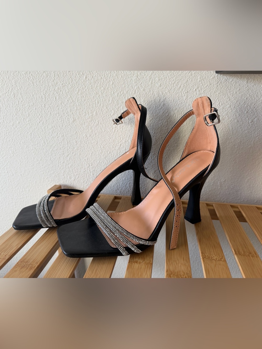 Black Rhinestone-Trim Ankle Strap High Heels